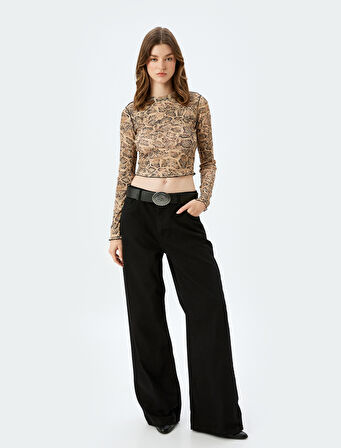 Slim Fit Bisiklet Yaka Uzun Kollu Yılan Derisi Baskılı Crop Tişört
