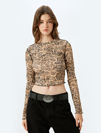 Slim Fit Bisiklet Yaka Uzun Kollu Yılan Derisi Baskılı Crop Tişört
