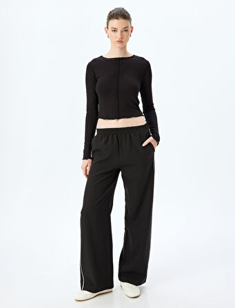 Viskon Dikiş Detaylı Uzun Kollu Bisiklet Yaka Tişört 