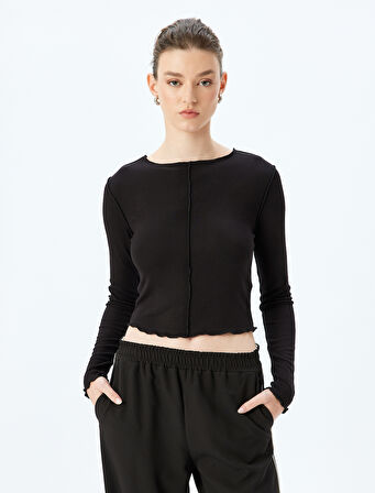 Viskon Dikiş Detaylı Uzun Kollu Bisiklet Yaka Tişört 