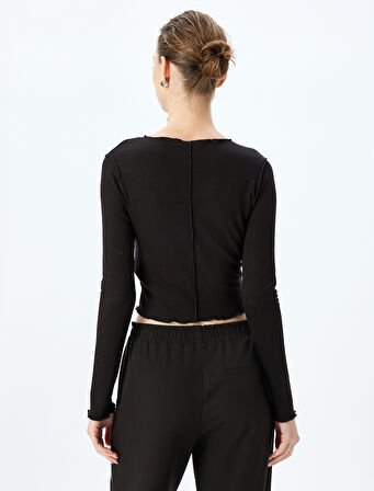 Viskon Dikiş Detaylı Uzun Kollu Bisiklet Yaka Tişört 