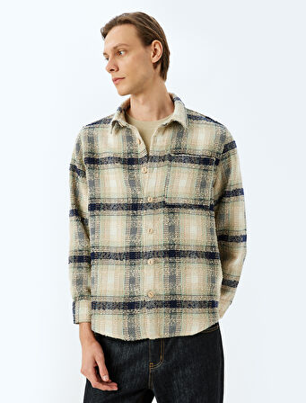 Uzun Kollu Pamuk Karışımlı Cep Detaylı Ekose Desenli Gömlek Ceket