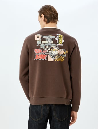 Bisiklet Yaka Pamuk Karışımlı İnterlok Kumaş Baskılı Lisanslı Tom ve Jerry Sweatshirt