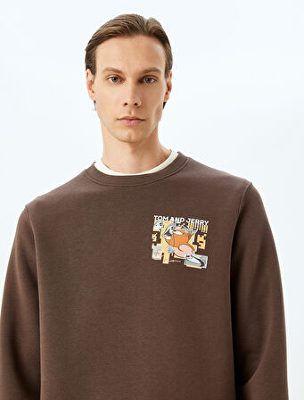 Bisiklet Yaka Pamuk Karışımlı İnterlok Kumaş Baskılı Lisanslı Tom ve Jerry Sweatshirt