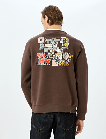 Bisiklet Yaka Pamuk Karışımlı İnterlok Kumaş Baskılı Lisanslı Tom ve Jerry Sweatshirt