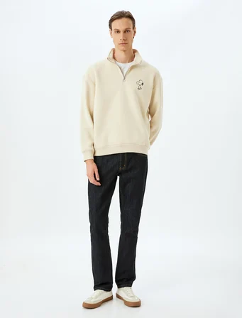 Yarım Fermuarlı Oversize Şardonlu Pamuk Karışımlı Lisanslı Snoopy Sweatshirt