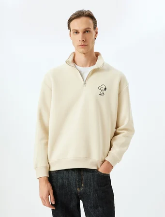 Yarım Fermuarlı Oversize Şardonlu Pamuk Karışımlı Lisanslı Snoopy Sweatshirt
