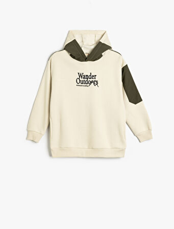 Oversize Kapşonlu Sweatshirt Slogan Baskılı Renk Bloklu 