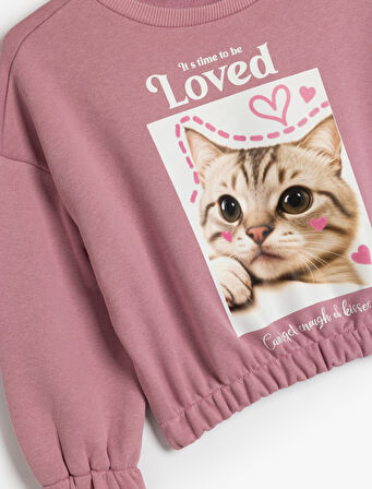 Sweatshirt Bisiklet Yaka Kedi Baskılı Uzun Kollu 