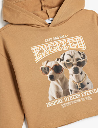 Kapşonlu Sweatshirt Köpek Baskılı Uzun Kollu Pamuklu