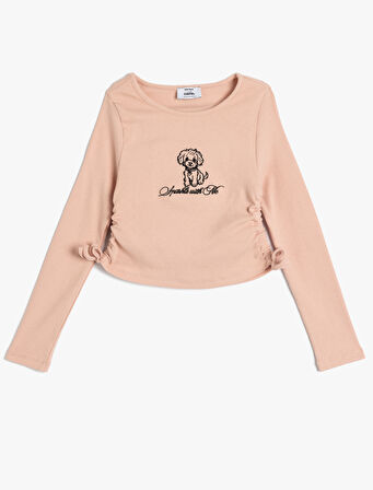 Köpek Baskılı Tişört Yanları Büzgülü Bağlamalı Uzun Kollu Bisiklet Yaka Pamuklu