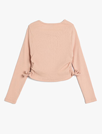 Köpek Baskılı Tişört Yanları Büzgülü Bağlamalı Uzun Kollu Bisiklet Yaka Pamuklu