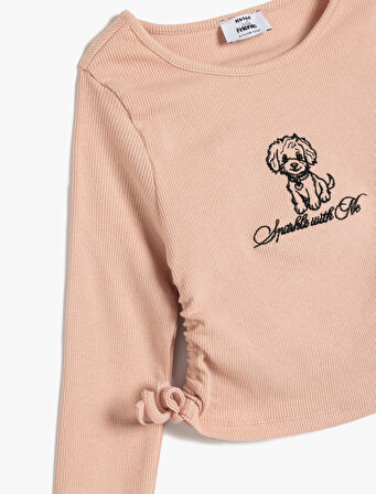 Köpek Baskılı Tişört Yanları Büzgülü Bağlamalı Uzun Kollu Bisiklet Yaka Pamuklu