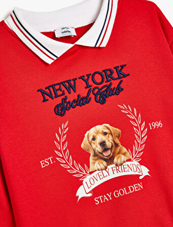 Polo Yaka Sweatshirt Köpek Baskılı Uzun Kollu Şardonlu 