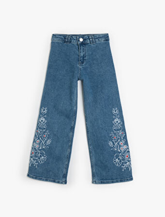 İşleme Detaylı Bol Paça Kot Pantolon Cepli Pamuklu - Wide Leg Jean