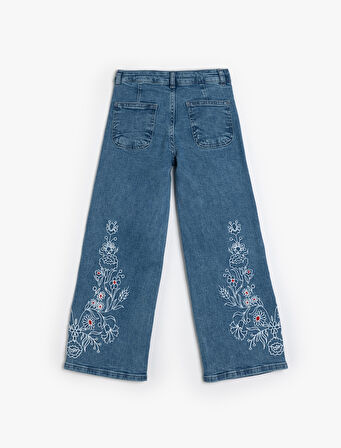 İşleme Detaylı Bol Paça Kot Pantolon Cepli Pamuklu - Wide Leg Jean