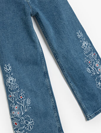 İşleme Detaylı Bol Paça Kot Pantolon Cepli Pamuklu - Wide Leg Jean