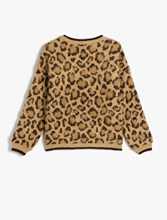  Uzun Kollu Bisiklet Yaka Leopar Desenli Triko Kazak