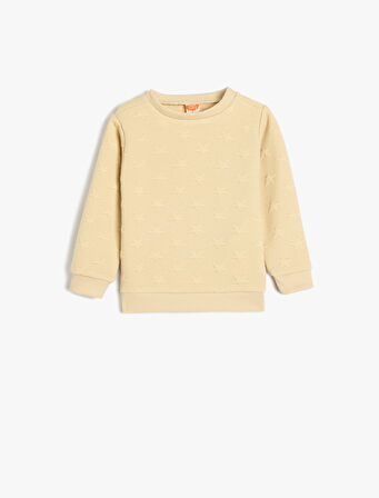 Sweatshirt Yıldız Detaylı Dokulu Bisiklet Yaka Uzun Kollu 