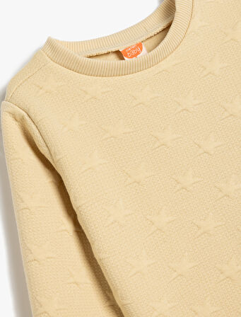 Sweatshirt Yıldız Detaylı Dokulu Bisiklet Yaka Uzun Kollu 