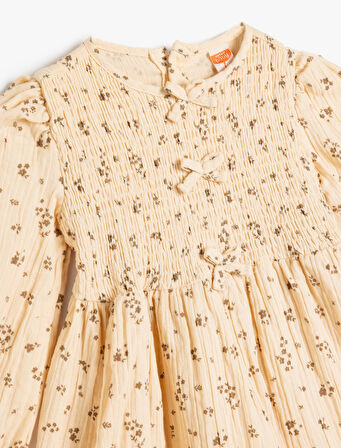 Müslin Elbise Fiyonk Detaylı Uzun Kollu Bisiklet Yaka Manşetleri Lastikli Pamuklu