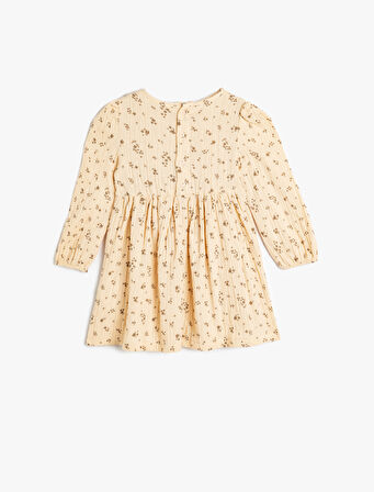 Müslin Elbise Fiyonk Detaylı Uzun Kollu Bisiklet Yaka Manşetleri Lastikli Pamuklu