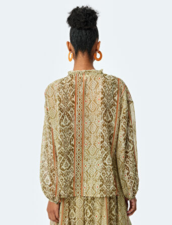 Etnik Desenli Boncuk İşlemeli Oversize Fırfırlı V Yaka Bluz