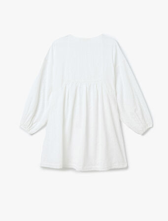 Pamuklu Uzun Balon Kollu V Yaka Mini Fistolu Elbise