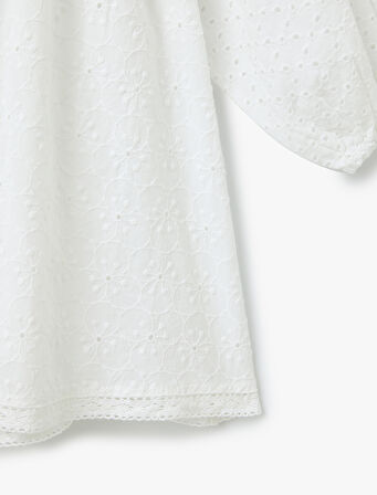 Pamuklu Uzun Balon Kollu V Yaka Mini Fistolu Elbise