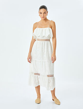 Pamuklu İnce Askılı Fırfırlı Uzun Fisto Elbise