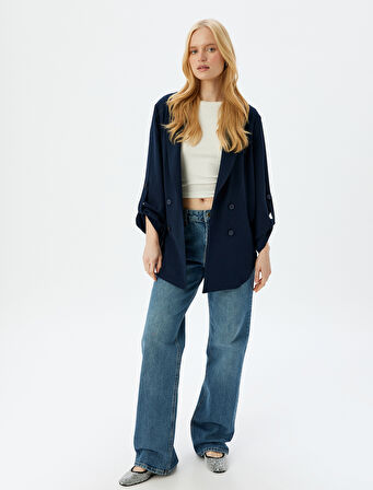 Bol Kalıp 3/4 Kol Düşük Omuz Krep Kruvaze Blazer Ceket