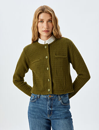 Uzun Kollu Düğmeli Cepli Bisiklet Yaka Hırka 