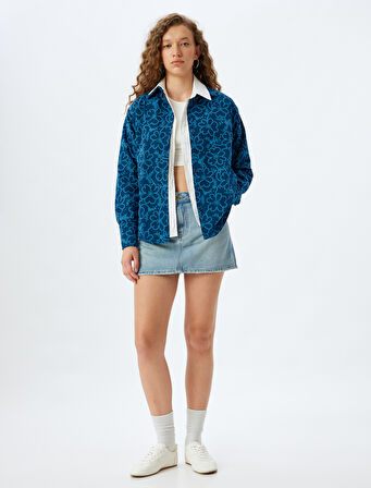 Çiçekli Klasik Yaka Uzun Kollu Düğmeli Poplin Gömlek