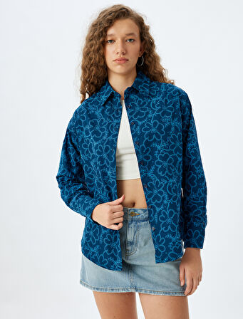 Çiçekli Klasik Yaka Uzun Kollu Düğmeli Poplin Gömlek