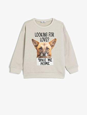 Oversize Sweatshirt Uzun Kollu Bisiklet Yaka Köpek Baskı Detaylı Şardonlu