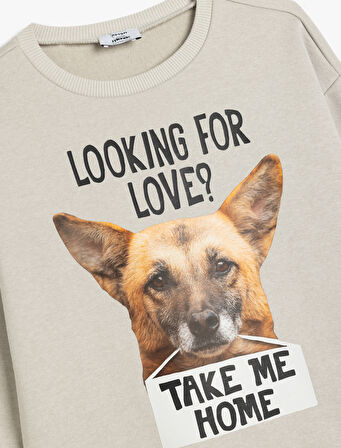 Oversize Sweatshirt Uzun Kollu Bisiklet Yaka Köpek Baskı Detaylı Şardonlu