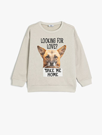Oversize Sweatshirt Uzun Kollu Bisiklet Yaka Köpek Baskı Detaylı Şardonlu