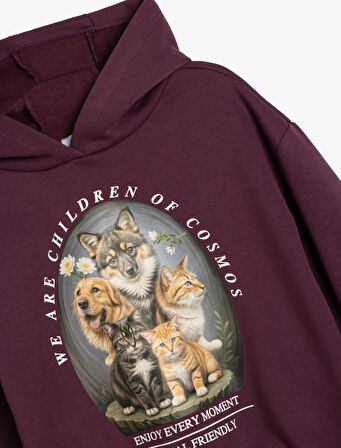 Kapşonlu Sweatshirt Hayvanlar Baskı Detaylı Uzun Kollu Şardonlu