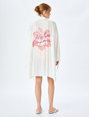 Düğmeli Uzun Kollu Arkası Baskı Detaylı Viskon Plaj Elbisesi