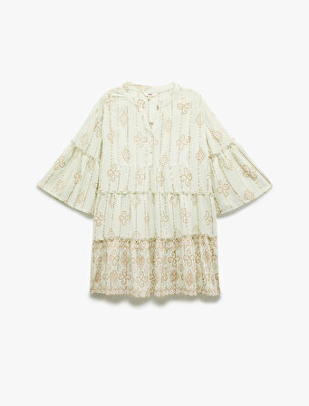 Viskon Fırfırlı Yarım Kollu Yuvarlak Yaka Etnik Desenli Plaj Elbisesi