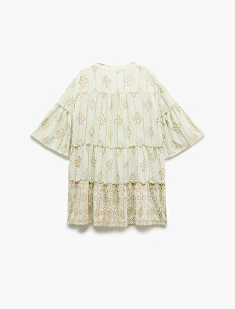 Viskon Fırfırlı Yarım Kollu Yuvarlak Yaka Etnik Desenli Plaj Elbisesi