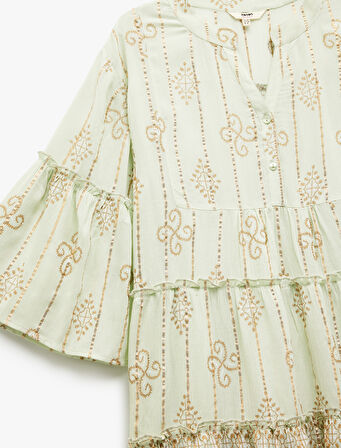 Viskon Fırfırlı Yarım Kollu Yuvarlak Yaka Etnik Desenli Plaj Elbisesi