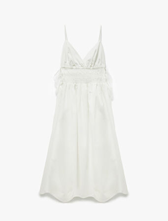 Pamuklu V Yaka Yanları Bağlamalı Gipeli Uzun Askılı Plaj Elbisesi