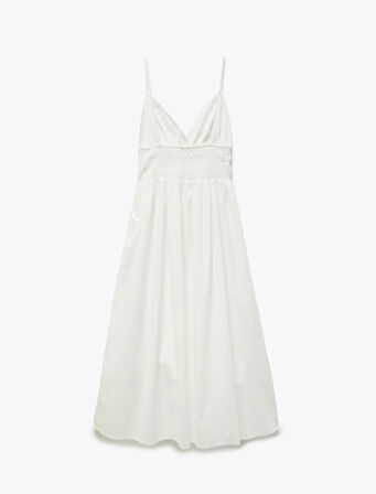 Pamuklu V Yaka Yanları Bağlamalı Gipeli Uzun Askılı Plaj Elbisesi