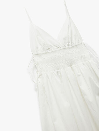 Pamuklu V Yaka Yanları Bağlamalı Gipeli Uzun Askılı Plaj Elbisesi