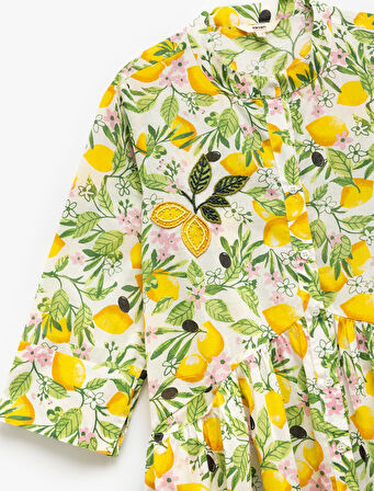 Pamuklu Boncuk İşlemeli Çiçekli Limon Desenli Plaj Elbisesi