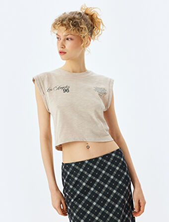 Bisiklet Yaka Kolsuz Crop Arkası Baskılı Üst