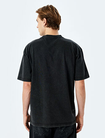 Yıkamalı Pamuklu Kısa Kollu Minimal Baskılı Bisiklet Yaka Oversize Tişört