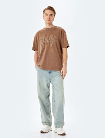 Yıkamalı Bisiklet Yaka Pamuklu Kısa Kollu Gotik Baskılı Oversize Tişört