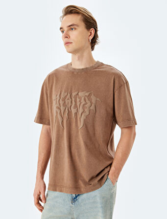 Yıkamalı Bisiklet Yaka Pamuklu Kısa Kollu Gotik Baskılı Oversize Tişört